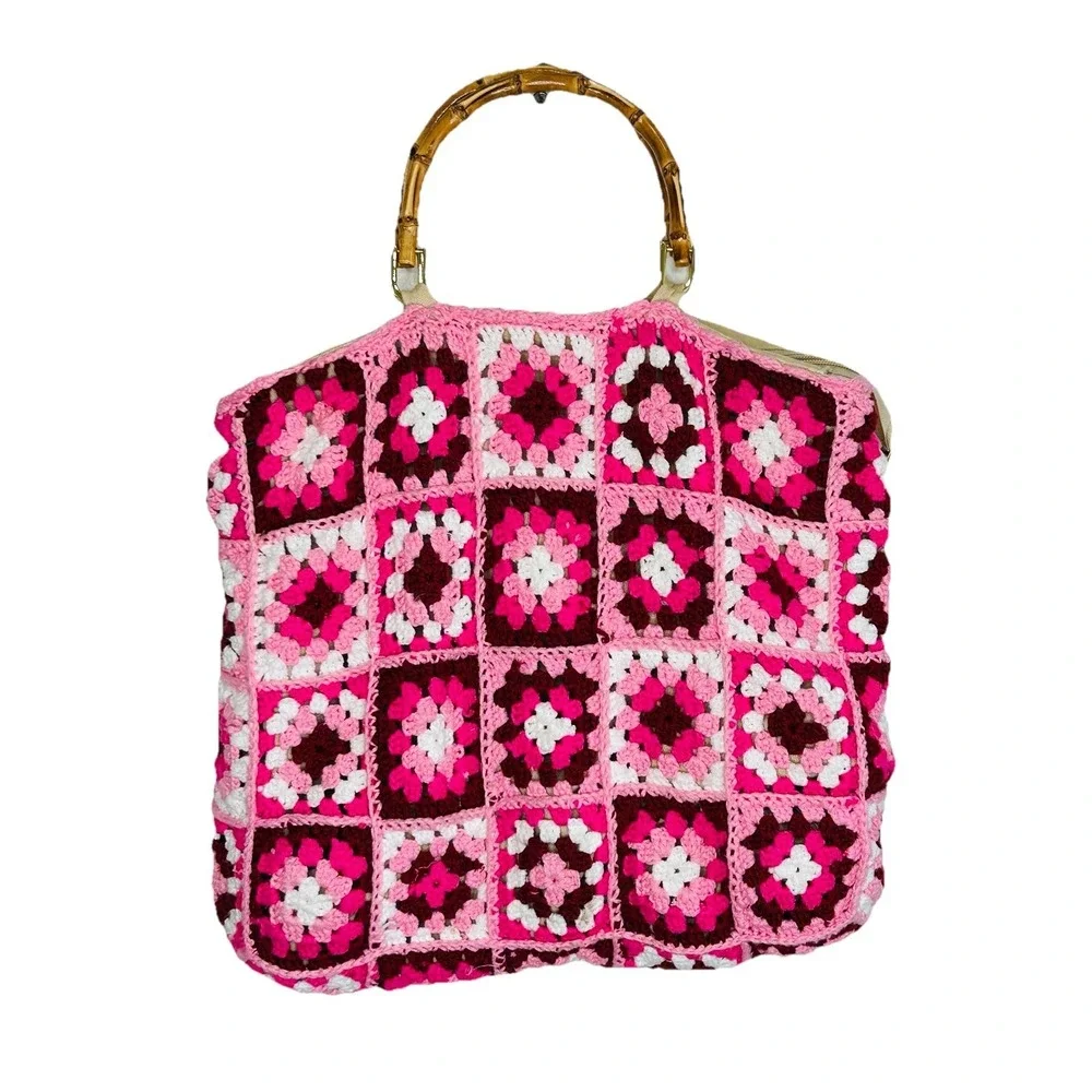 Boho Crochet Granny Square Purse Handbag Bamboo Style Handles Retro‎ Hippie Pink